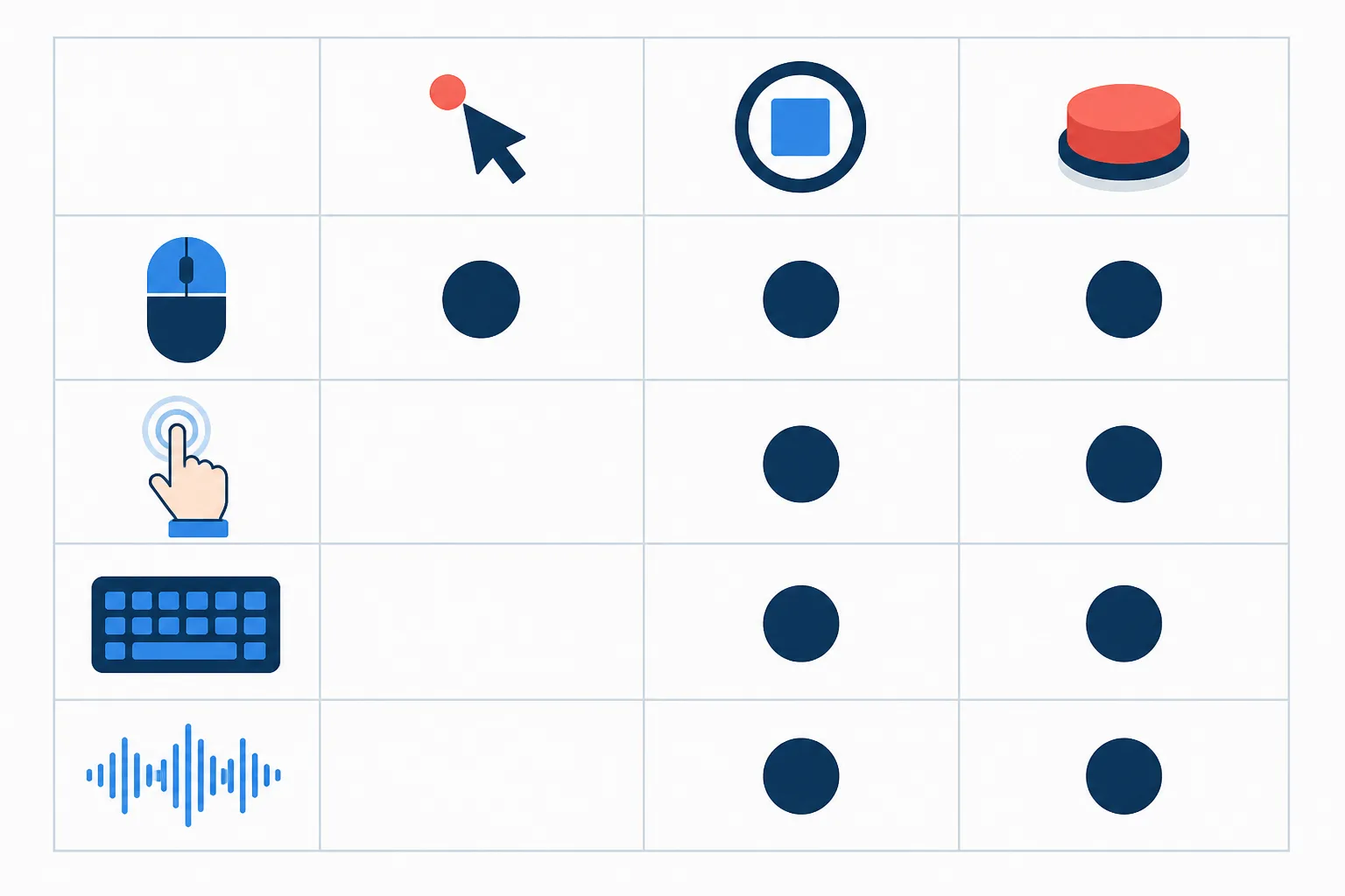 Grid of four input methods, mouse, touch, keyboard, and voice, against three states, hover, focus, and active; only the mouse row is filled under hover, while every row is filled under focus and active.