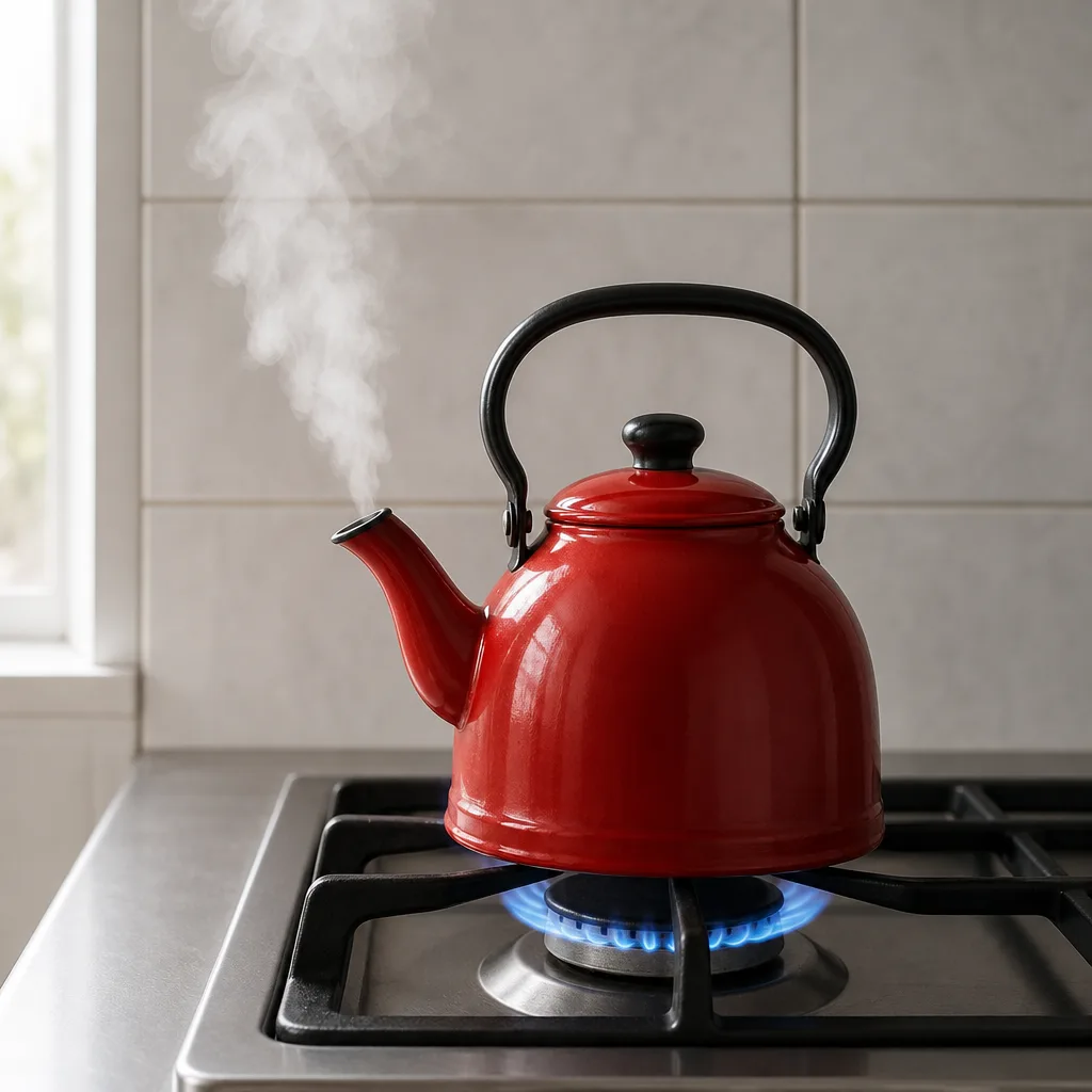 Kettle with the cool black handle on top and hot steam leaving the spout at the side