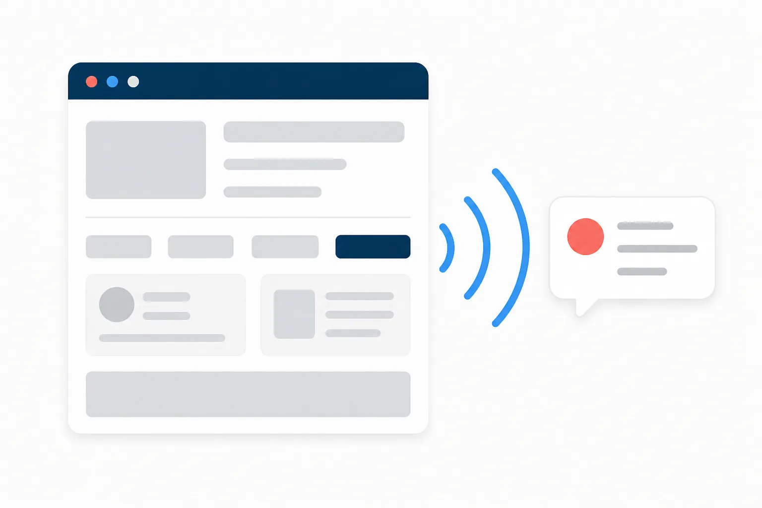 A wireframe page with one highlighted button sending three sound waves toward a speech bubble that holds a dot and three blank lines, standing for name, role, and state.