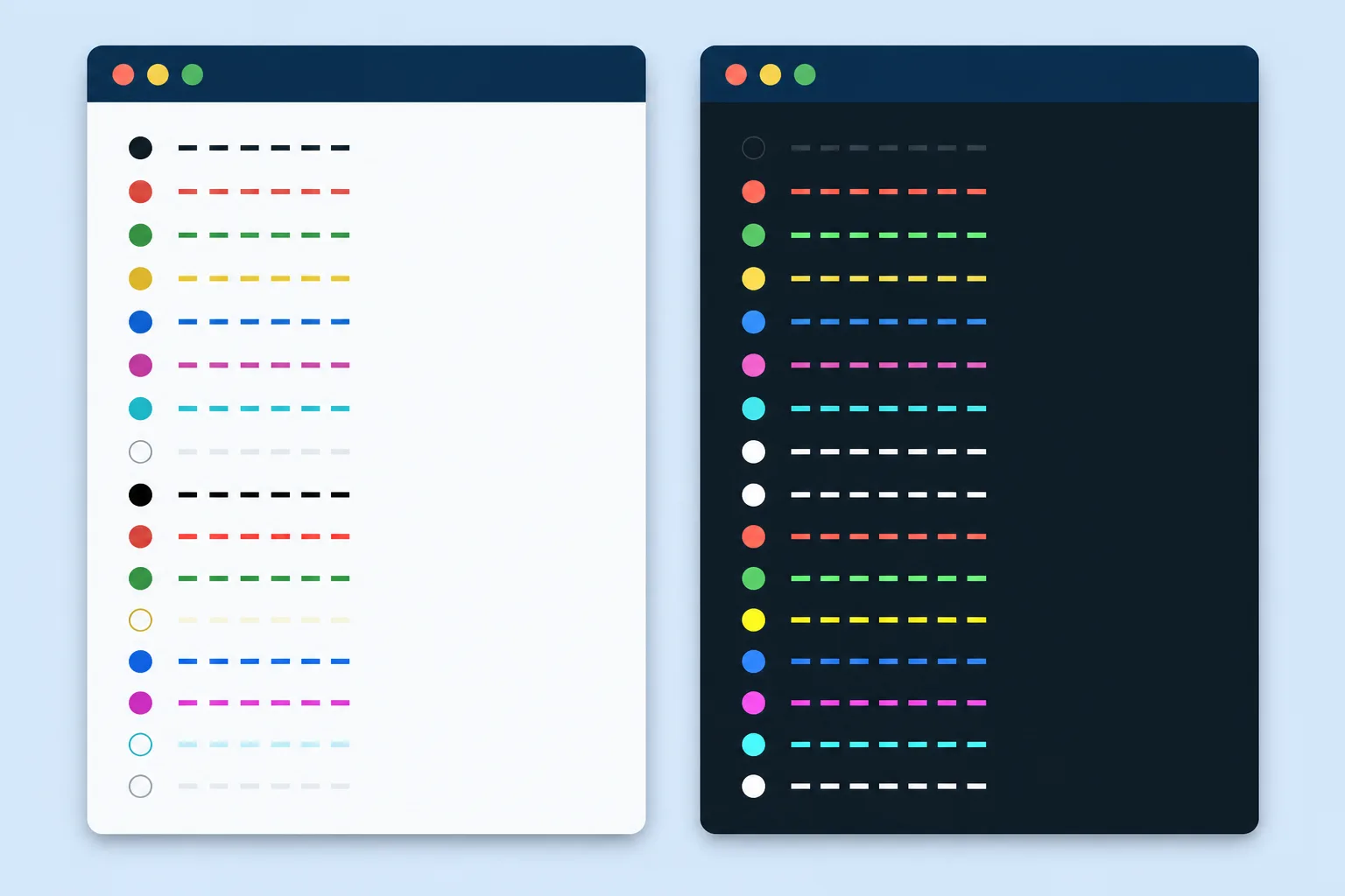 Two terminal windows, light and dark, each showing the same sixteen colored bars; on the light side the white, bright yellow, bright cyan, and bright white bars fade into the background, and on the dark side the black bar fades, with filled and hollow markers beside each.